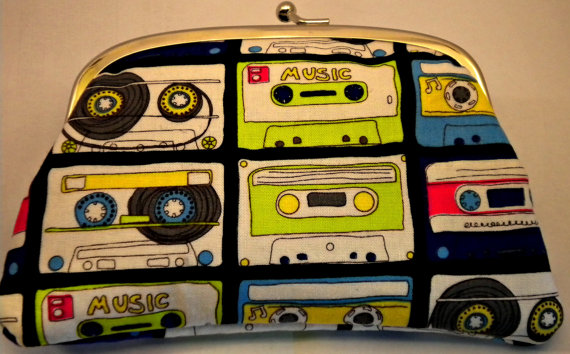 Retro coin purse, 80s cassette tape frame wallet black and purple polka dots - geek