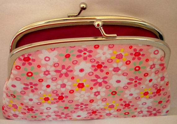 Pink coin purse with 2 compartment Metal Frame wallet, cute flower - floral fabric